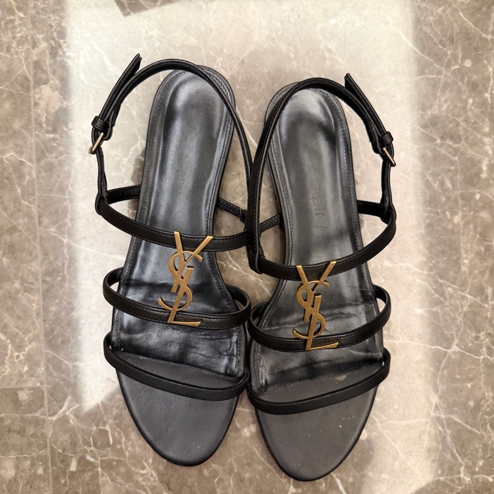 Saint Laurent Black Leather Strappy Sandals with Gold YSL Emblem